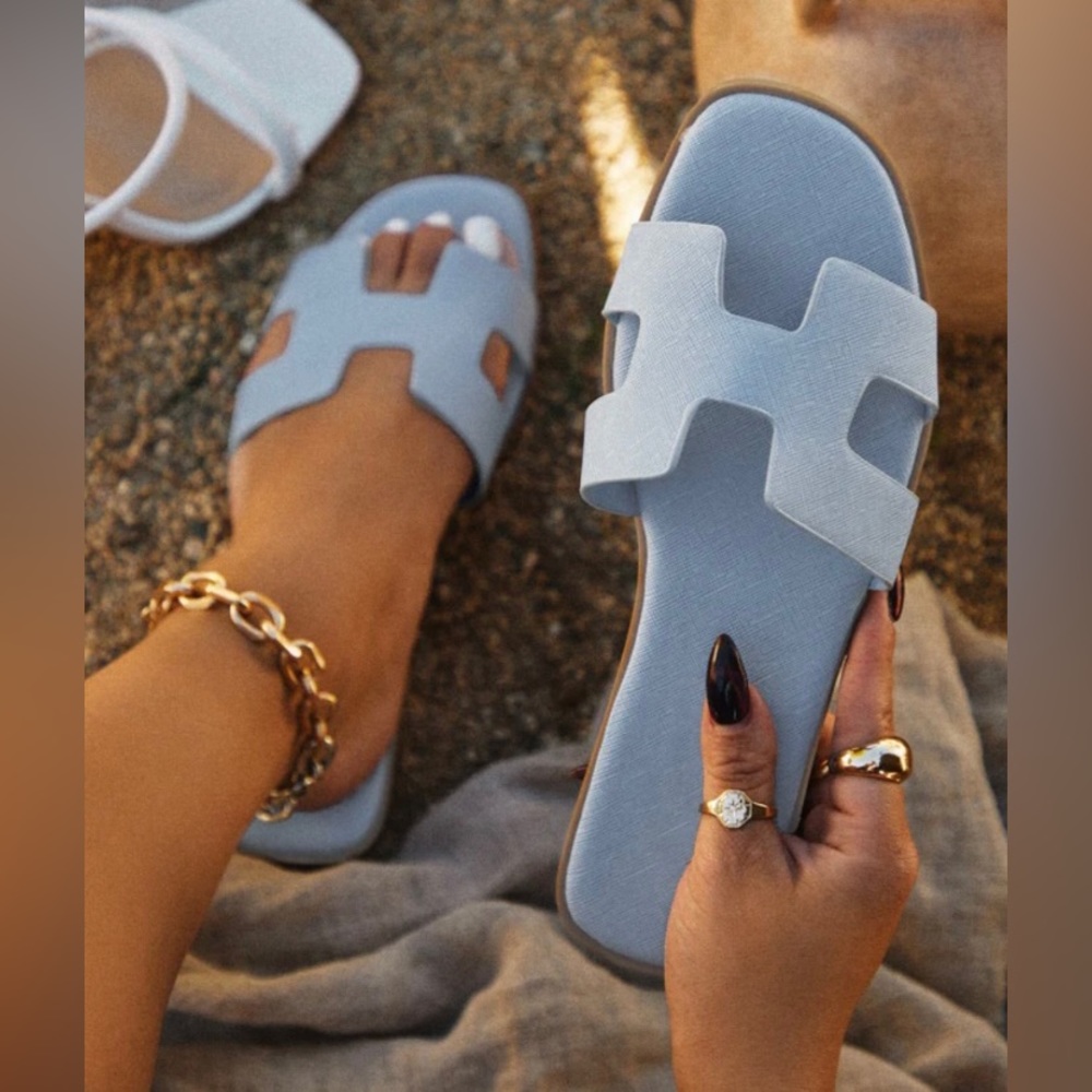 Light Blue H Band Slip On Sandal